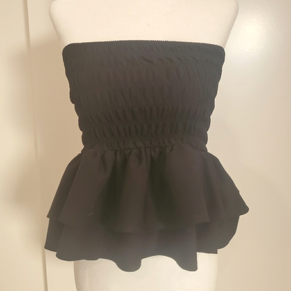 Zara Tops - ZARA Ruched Strapless Black Ruffled Top Size S